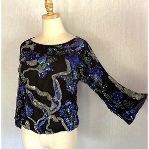 Vintage Chanson D’Amour 100% silk floral embroidered sequin top 3/4 sleeve
